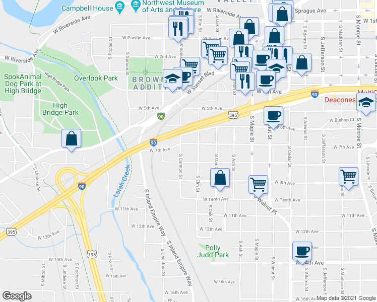 map of restaurants, bars, coffee shops, grocery stores, and more near 1951 West 7th Avenue in Spokane