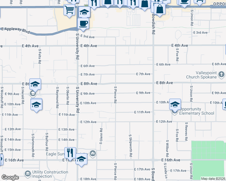 map of restaurants, bars, coffee shops, grocery stores, and more near 820 South Pierce Road in Spokane Valley