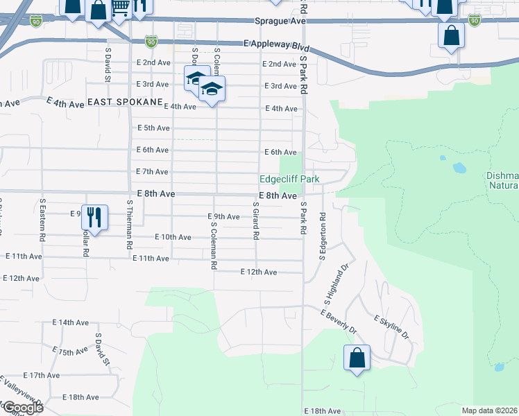 map of restaurants, bars, coffee shops, grocery stores, and more near 7213 East 9th Avenue in Spokane Valley