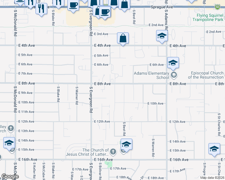 map of restaurants, bars, coffee shops, grocery stores, and more near 821 South Bannen Road in Spokane Valley