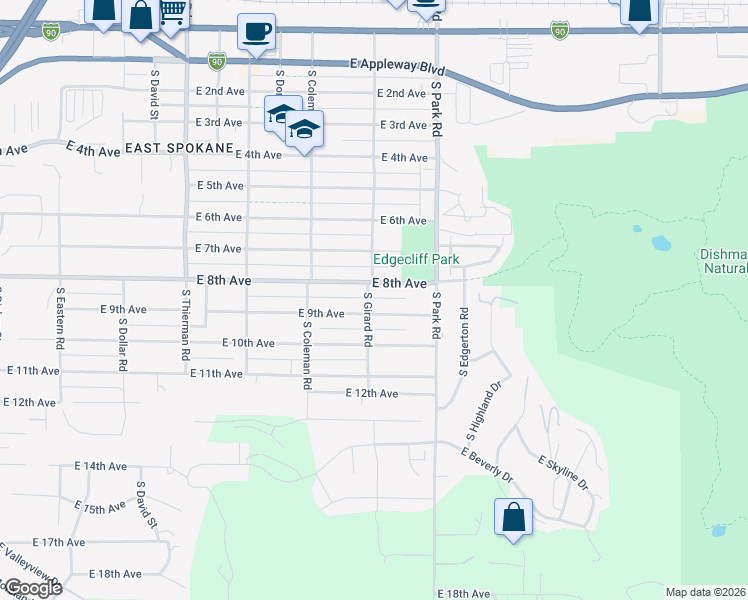 map of restaurants, bars, coffee shops, grocery stores, and more near 7213 East 9th Avenue in Spokane Valley