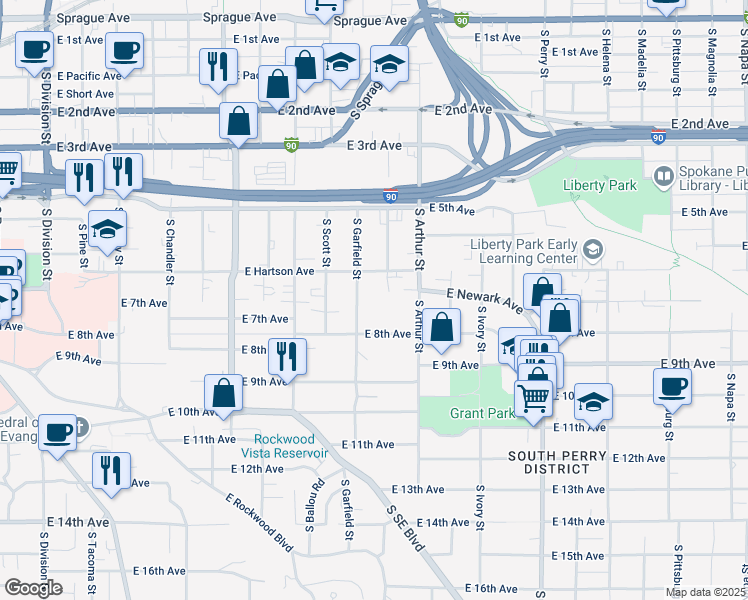 map of restaurants, bars, coffee shops, grocery stores, and more near 731 South Garfield Street in Spokane