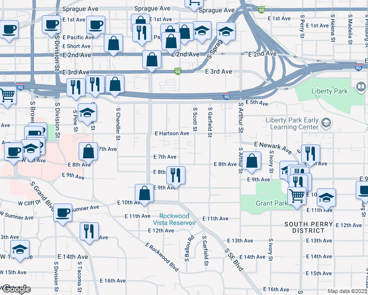 map of restaurants, bars, coffee shops, grocery stores, and more near 740 South Hatch Street in Spokane