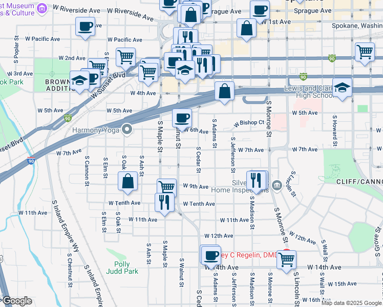 map of restaurants, bars, coffee shops, grocery stores, and more near 1419 West 7th Avenue in Spokane