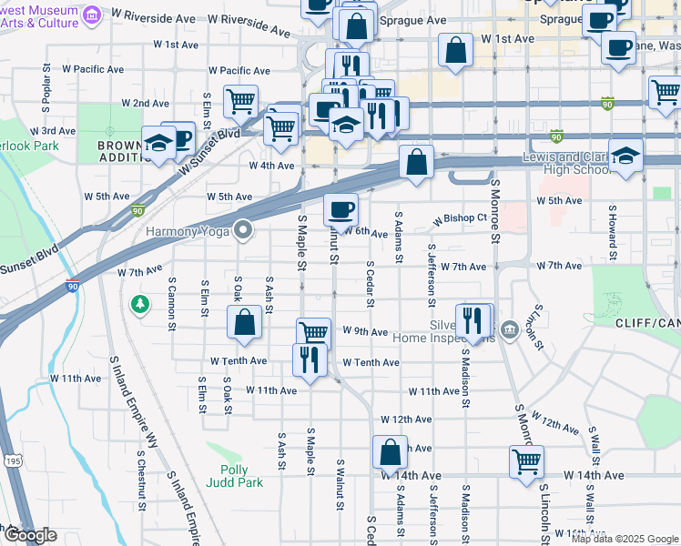 map of restaurants, bars, coffee shops, grocery stores, and more near 1419 West 7th Avenue in Spokane