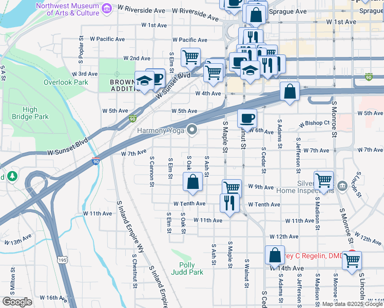 map of restaurants, bars, coffee shops, grocery stores, and more near 714 South Ash Street in Spokane