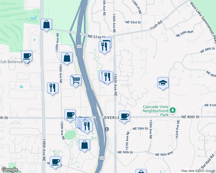 map of restaurants, bars, coffee shops, grocery stores, and more near 4480 154th Place Northeast in Redmond