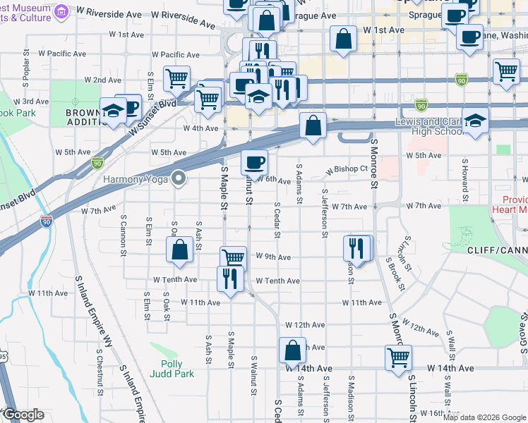 map of restaurants, bars, coffee shops, grocery stores, and more near 1419 West 7th Avenue in Spokane