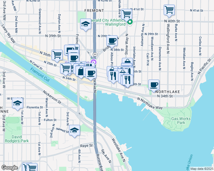 map of restaurants, bars, coffee shops, grocery stores, and more near 920 J.P. Patches Place in Seattle