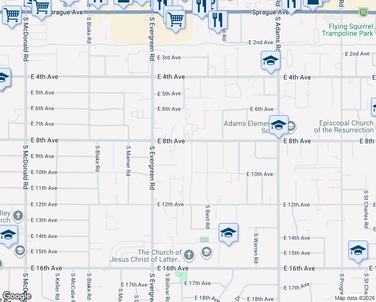 map of restaurants, bars, coffee shops, grocery stores, and more near 821 South Bannen Road in Spokane Valley