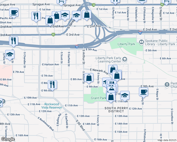 map of restaurants, bars, coffee shops, grocery stores, and more near 1020 East Newark Avenue in Spokane