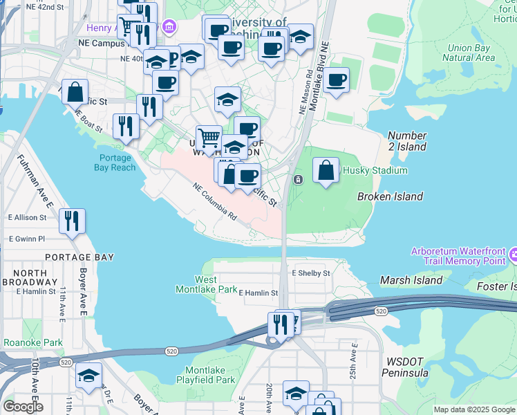 map of restaurants, bars, coffee shops, grocery stores, and more near 1959 Northeast Pacific Street in Seattle