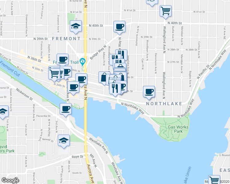 map of restaurants, bars, coffee shops, grocery stores, and more near 3409 Stone Way North in Seattle