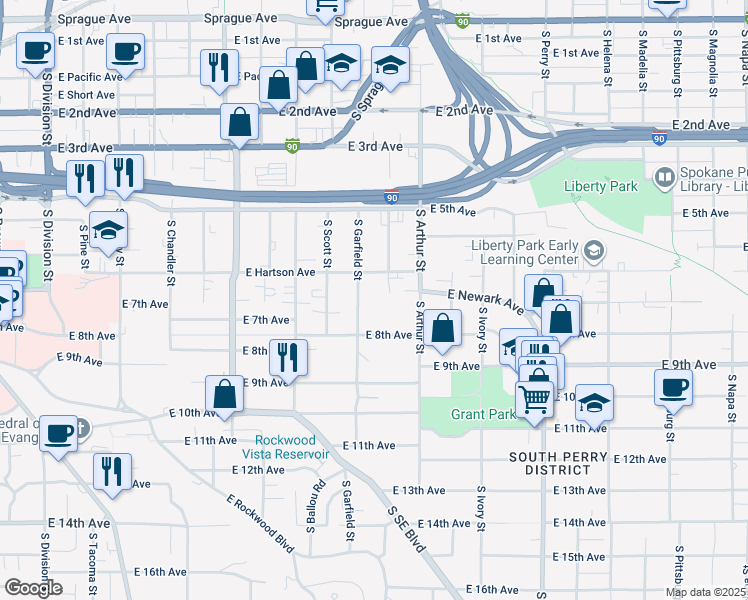 map of restaurants, bars, coffee shops, grocery stores, and more near 731 South Garfield Street in Spokane
