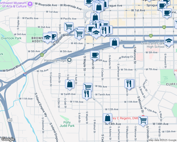 map of restaurants, bars, coffee shops, grocery stores, and more near 1517 West 7th Avenue in Spokane