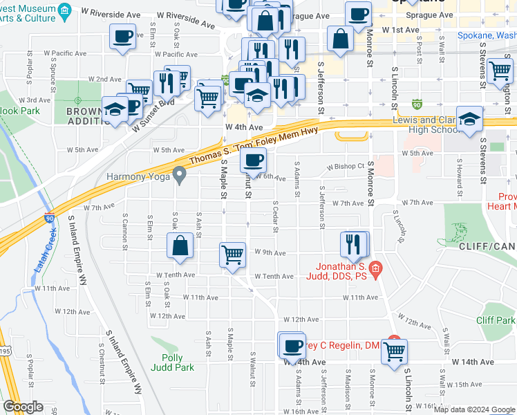 map of restaurants, bars, coffee shops, grocery stores, and more near 1419 West 7th Avenue in Spokane