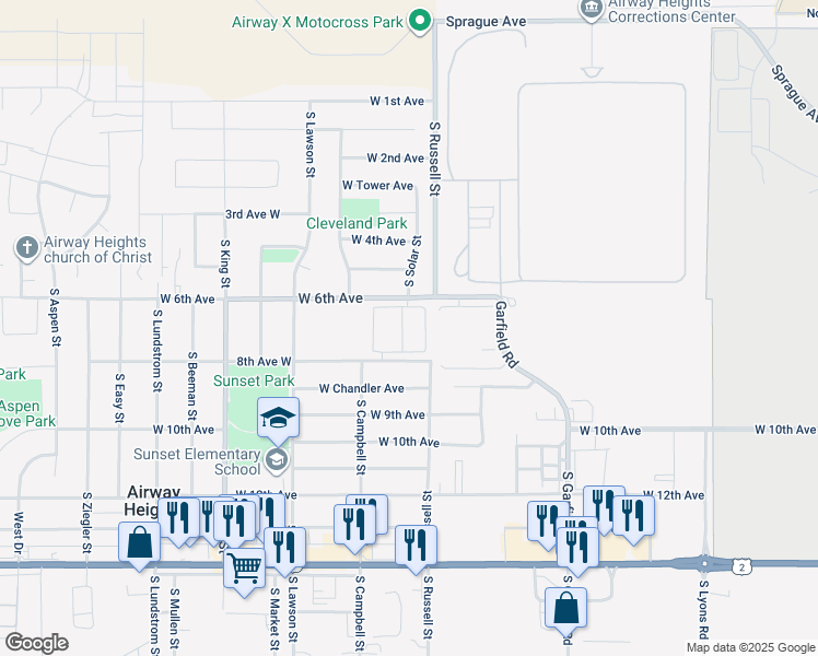 map of restaurants, bars, coffee shops, grocery stores, and more near 12501 West 6th Avenue in Airway Heights