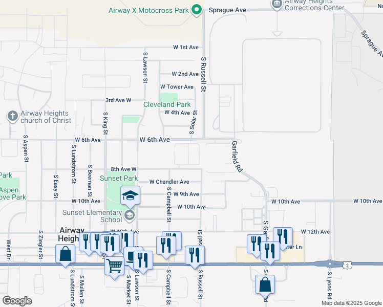 map of restaurants, bars, coffee shops, grocery stores, and more near 12501 West 6th Avenue in Airway Heights