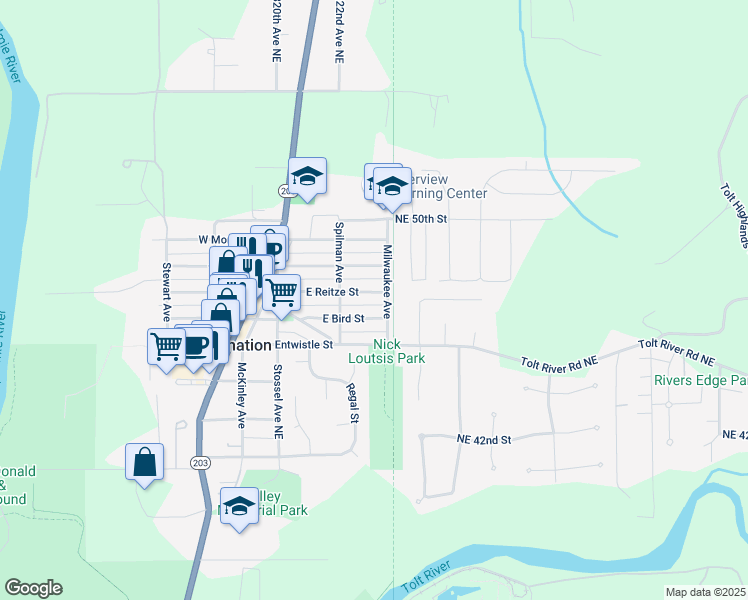 map of restaurants, bars, coffee shops, grocery stores, and more near 32300 East Bird Street in Carnation