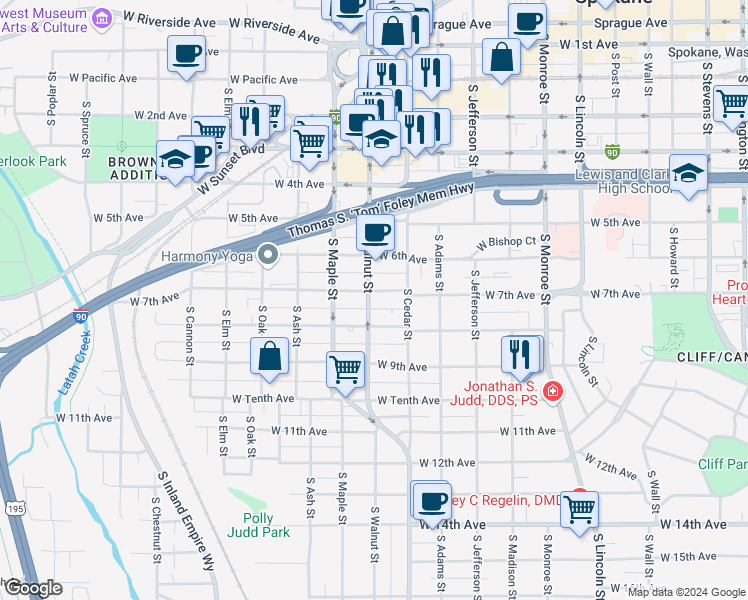 map of restaurants, bars, coffee shops, grocery stores, and more near 1427 West 7th Avenue in Spokane