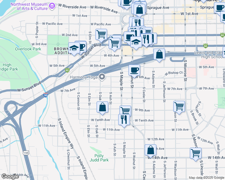 map of restaurants, bars, coffee shops, grocery stores, and more near 1627 West 7th Avenue in Spokane