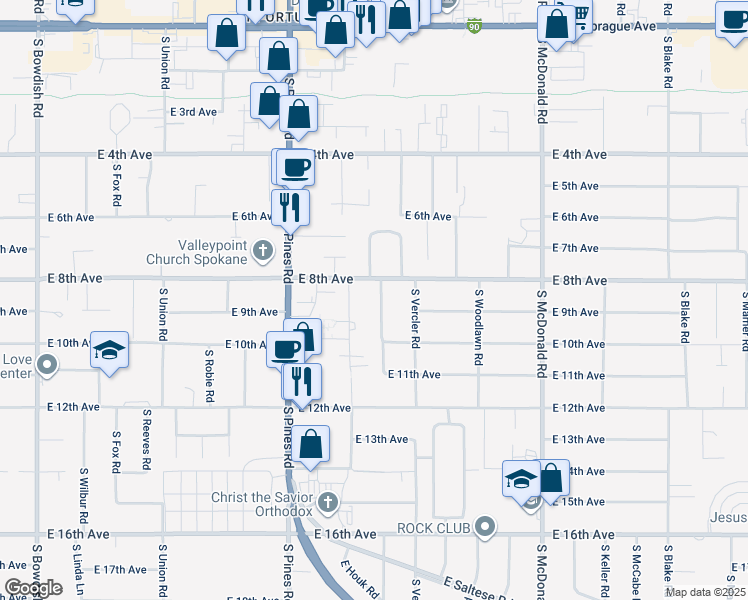 map of restaurants, bars, coffee shops, grocery stores, and more near 821 South Collins Road in Spokane Valley