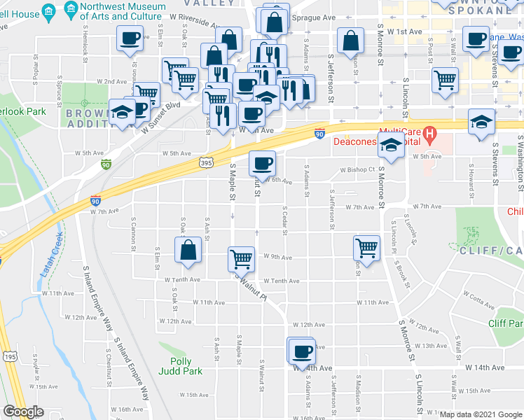 map of restaurants, bars, coffee shops, grocery stores, and more near 1419 West 7th Avenue in Spokane