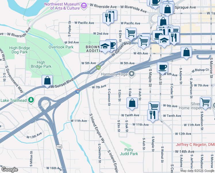 map of restaurants, bars, coffee shops, grocery stores, and more near 2017 West 7th Avenue in Spokane