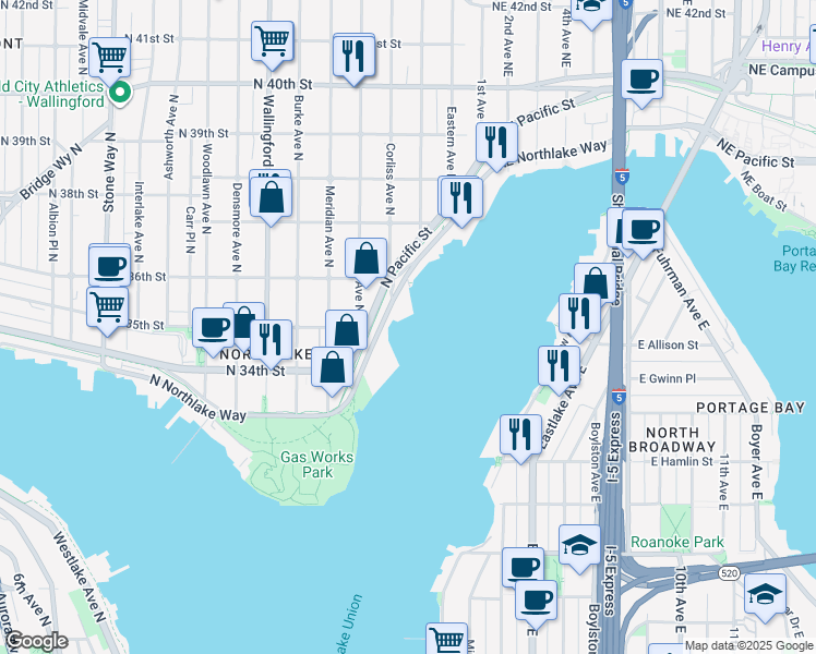 map of restaurants, bars, coffee shops, grocery stores, and more near in Seattle