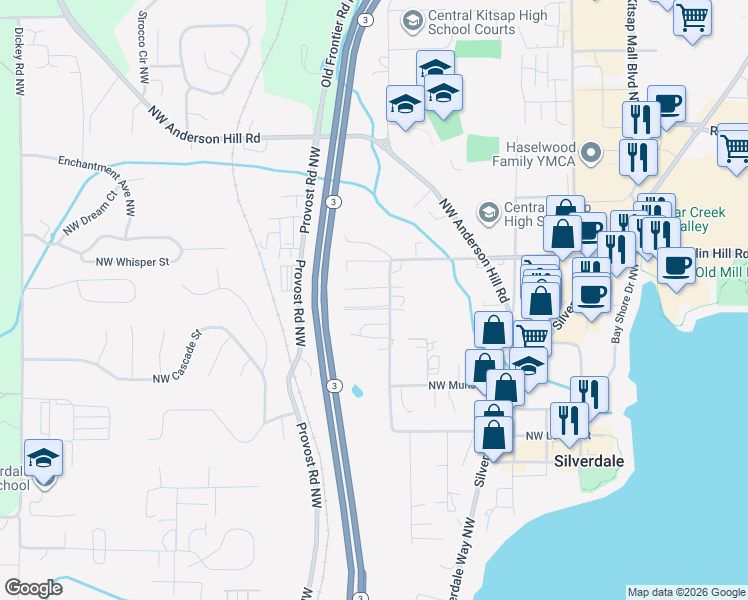 map of restaurants, bars, coffee shops, grocery stores, and more near 9469 Silverdale Loop Road Northwest in Silverdale