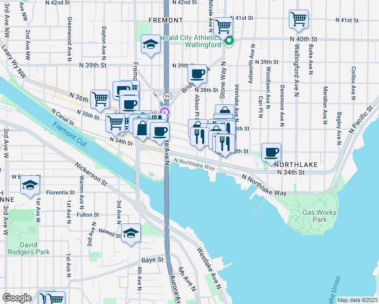map of restaurants, bars, coffee shops, grocery stores, and more near 920 J.P. Patches Place in Seattle
