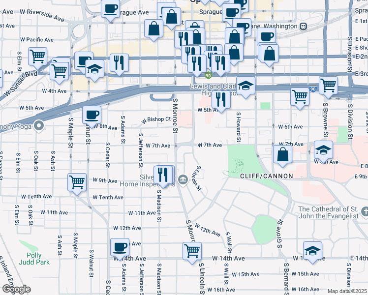 map of restaurants, bars, coffee shops, grocery stores, and more near 919 West 7th Avenue in Spokane