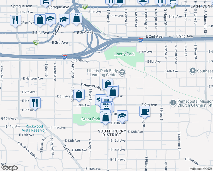 map of restaurants, bars, coffee shops, grocery stores, and more near 668 South Perry Street in Spokane