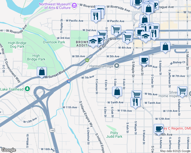 map of restaurants, bars, coffee shops, grocery stores, and more near 2001 West 7th Avenue in Spokane