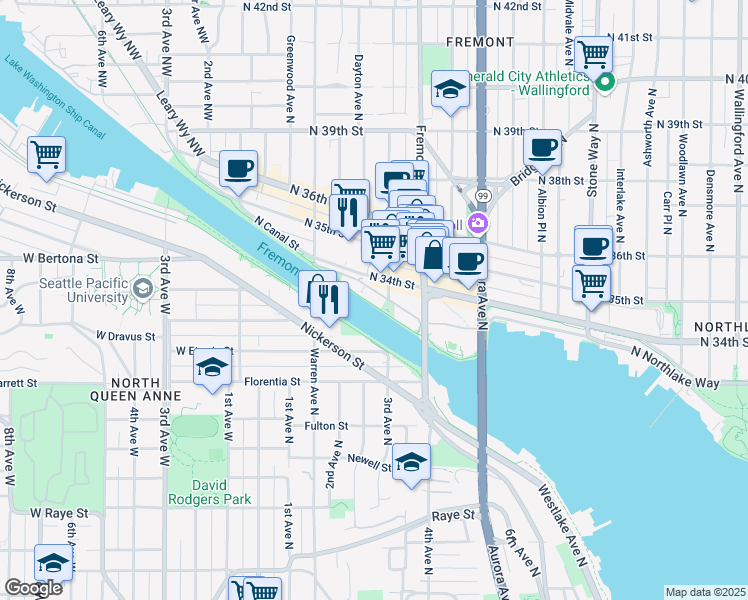 map of restaurants, bars, coffee shops, grocery stores, and more near 551 North 34th Street in Seattle