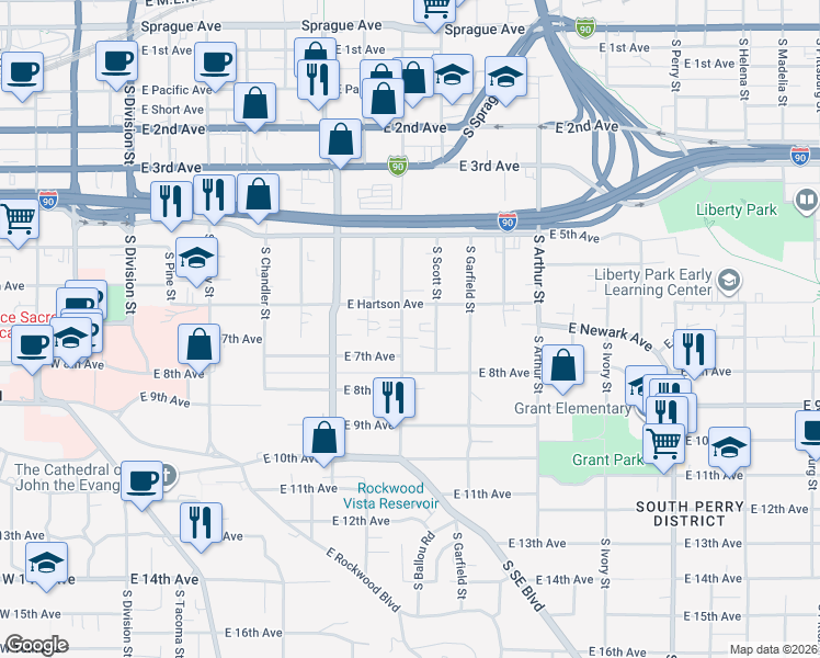 map of restaurants, bars, coffee shops, grocery stores, and more near 740 South Hatch Street in Spokane