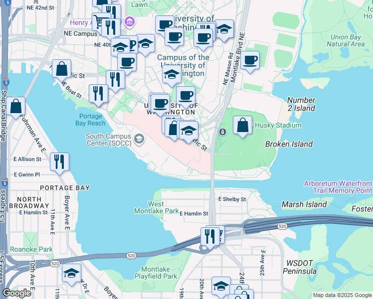 map of restaurants, bars, coffee shops, grocery stores, and more near 1959 NE Pacific St # Ne207 in Seattle