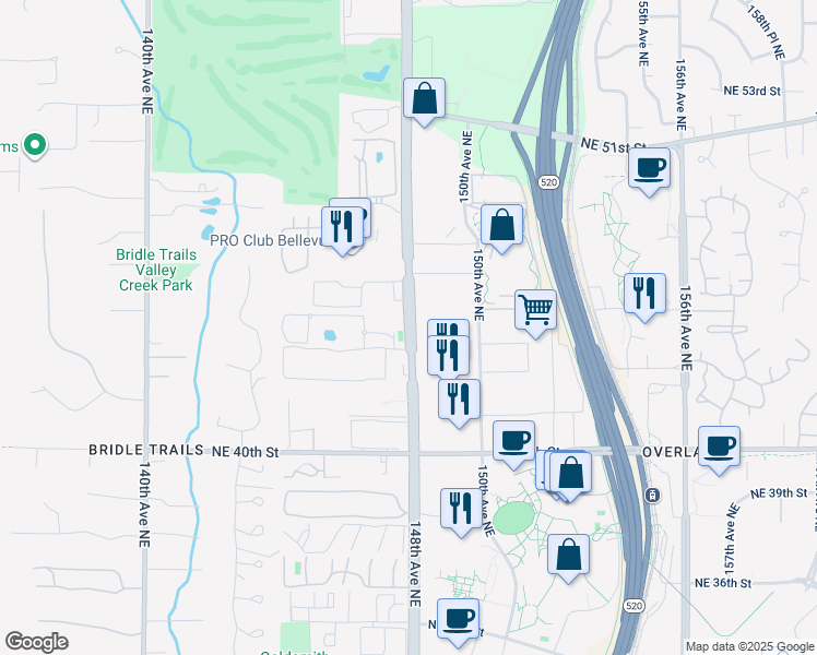 map of restaurants, bars, coffee shops, grocery stores, and more near 4275 148th Avenue Northeast in Bellevue
