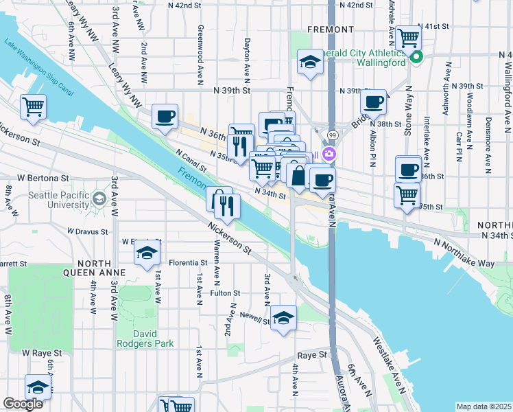 map of restaurants, bars, coffee shops, grocery stores, and more near 551 North 34th Street in Seattle