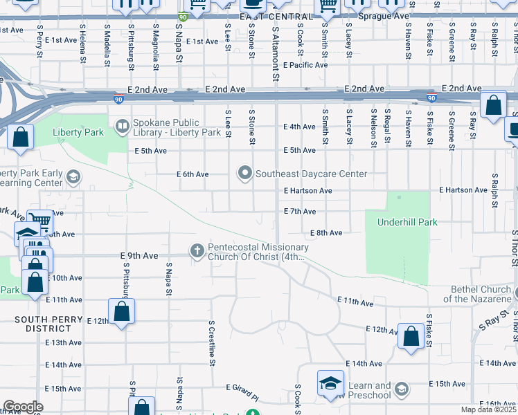 map of restaurants, bars, coffee shops, grocery stores, and more near 2302 East 7th Avenue in Spokane
