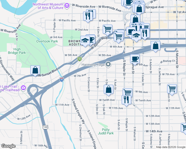 map of restaurants, bars, coffee shops, grocery stores, and more near 1951 West 7th Avenue in Spokane