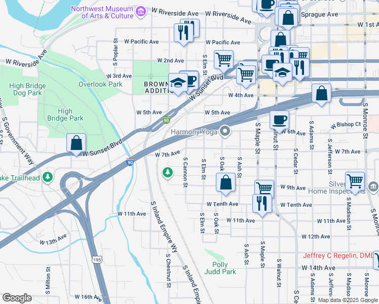 map of restaurants, bars, coffee shops, grocery stores, and more near 1951 West 7th Avenue in Spokane