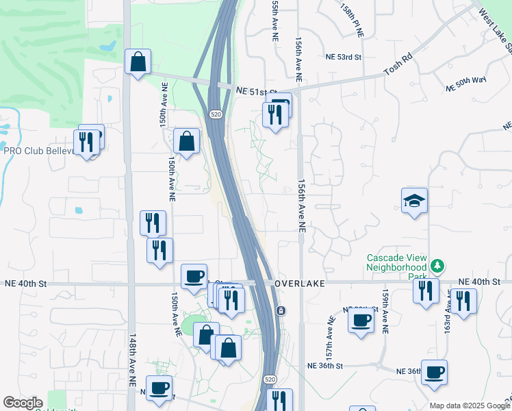 map of restaurants, bars, coffee shops, grocery stores, and more near 4480 154th Place Northeast in Redmond