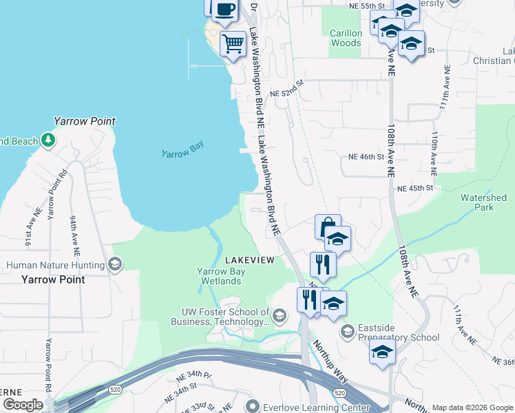 map of restaurants, bars, coffee shops, grocery stores, and more near 4323 Lake Washington Boulevard Northeast in Kirkland