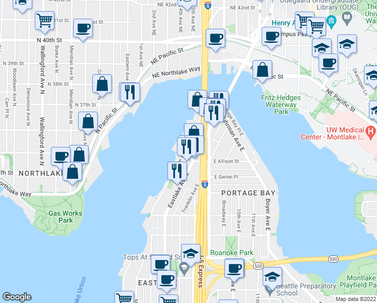 map of restaurants, bars, coffee shops, grocery stores, and more near 310 East Allison Street in Seattle