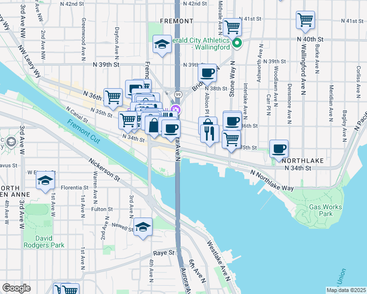 map of restaurants, bars, coffee shops, grocery stores, and more near 835 North 34th Street in Seattle
