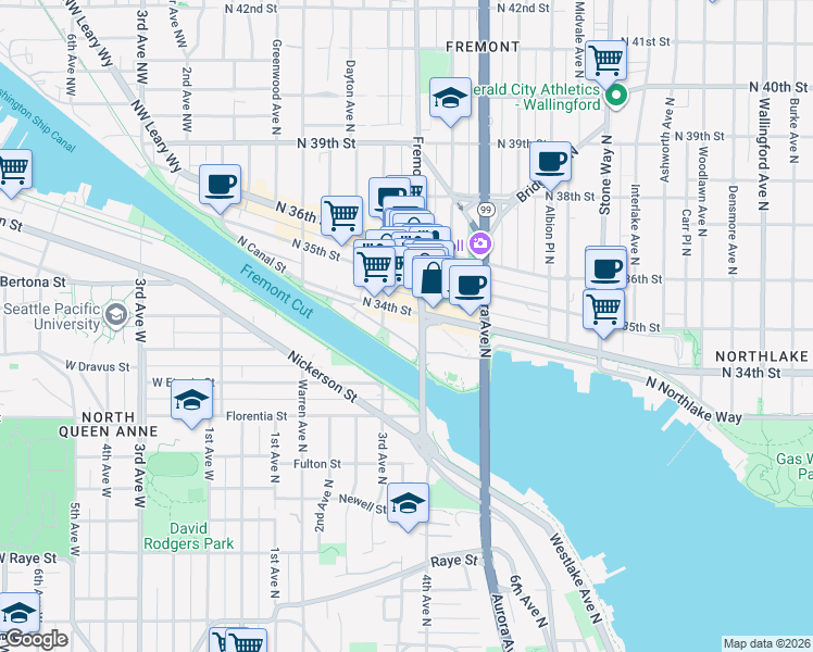 map of restaurants, bars, coffee shops, grocery stores, and more near in Seattle
