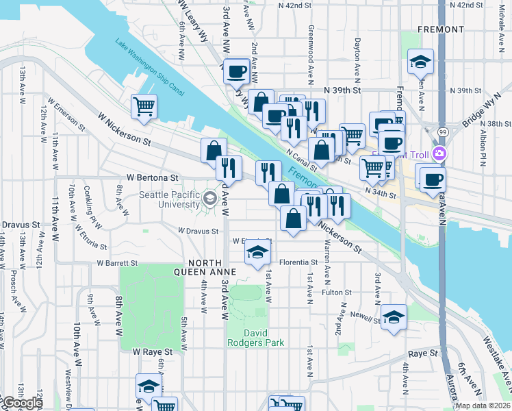 map of restaurants, bars, coffee shops, grocery stores, and more near 49 West Dravus Street in Seattle