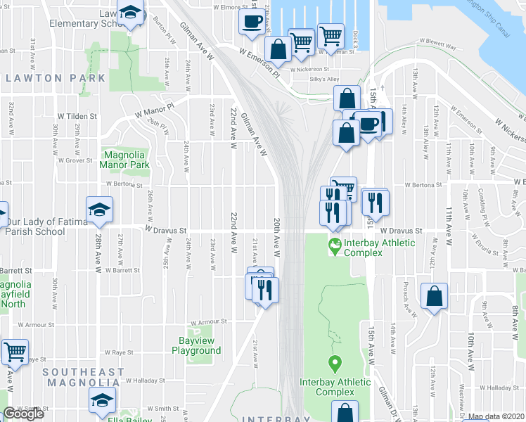 map of restaurants, bars, coffee shops, grocery stores, and more near 3217 21st Avenue West in Seattle
