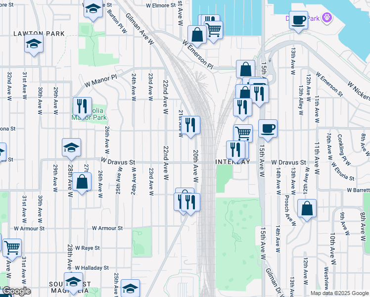 map of restaurants, bars, coffee shops, grocery stores, and more near 3217 21st Avenue West in Seattle